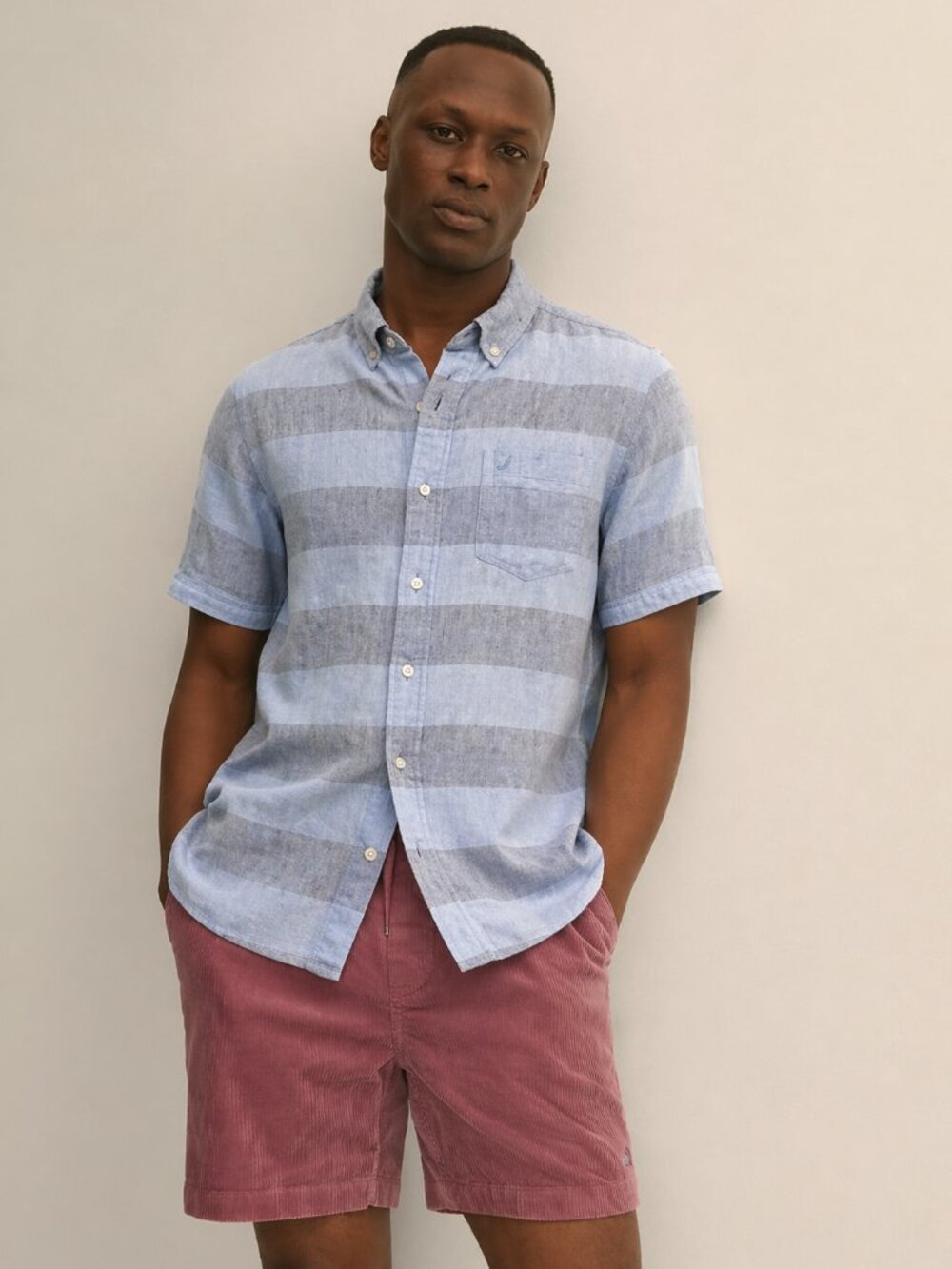 Nautica Men’s Linen Blend Button‑Down Shirt Size M Light Blue Striped Casual
